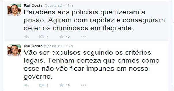 Rui parabeniza aos policias que prenderam os suspeitos. Imagem: Reprodução/Twitter.