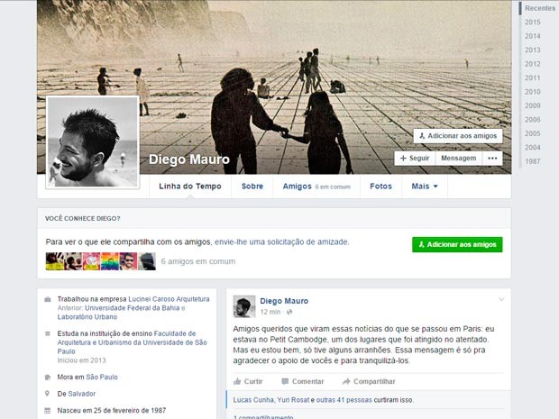Dois brasileiros ficaram feridos após ataques, e tranquilizaram os familiares em postagem na rede social ao afirmar que estavam bem (Reprodução / Facebook)