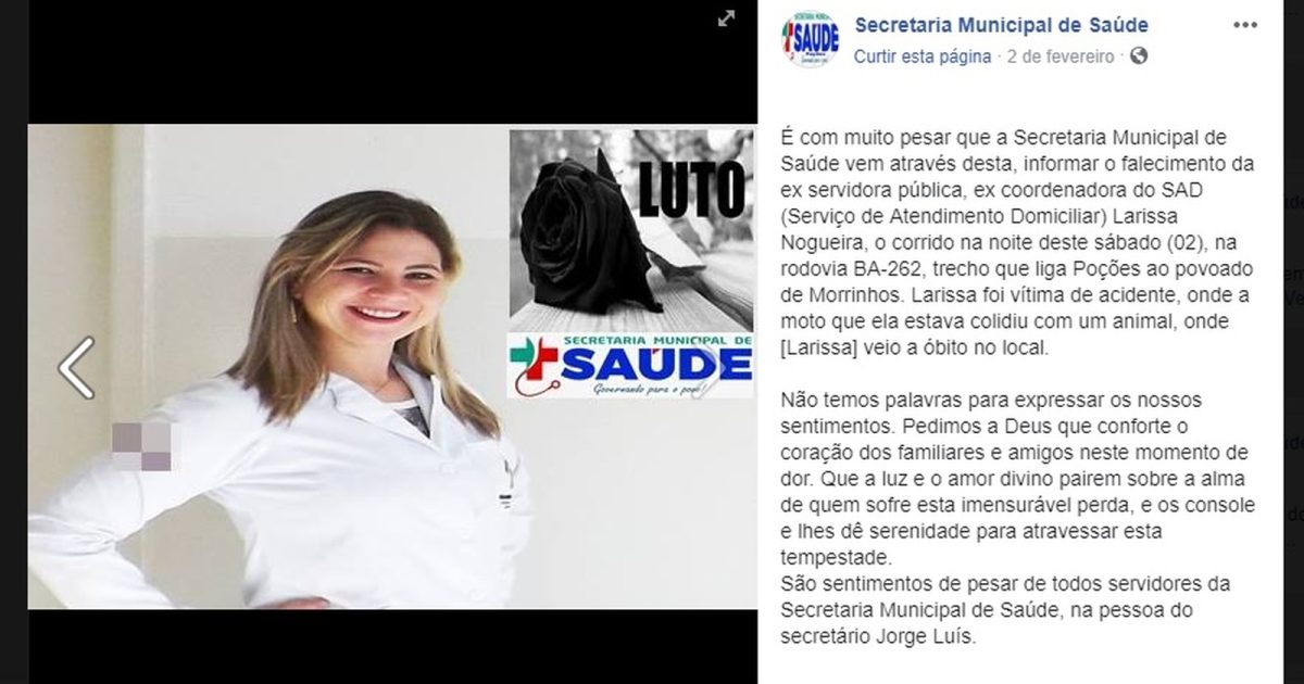 Auxiliar de enfermagem morre após moto colidir com cavalo no sudoeste da Bahia (Foto: Reprodução/Facebook)