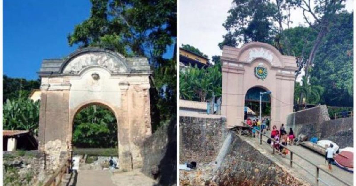 Antes e depois do portal de Morro de São Paulo. Foto: Reprodução.