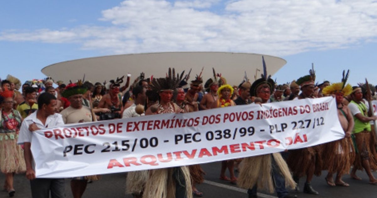 Mobilização indígena na Esplanada dos Ministérios contra PEC 215 e PLP 227. Foto: Reprodução/Articulação dos Povos Indígenas do Brasil