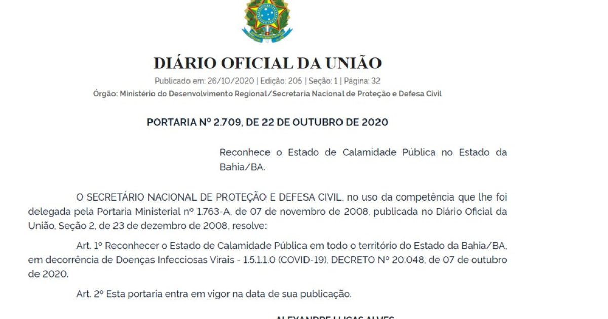 União reconhece decreto de calamidade pública da Bahia por causa da Covid-19 — Foto: Reprodução