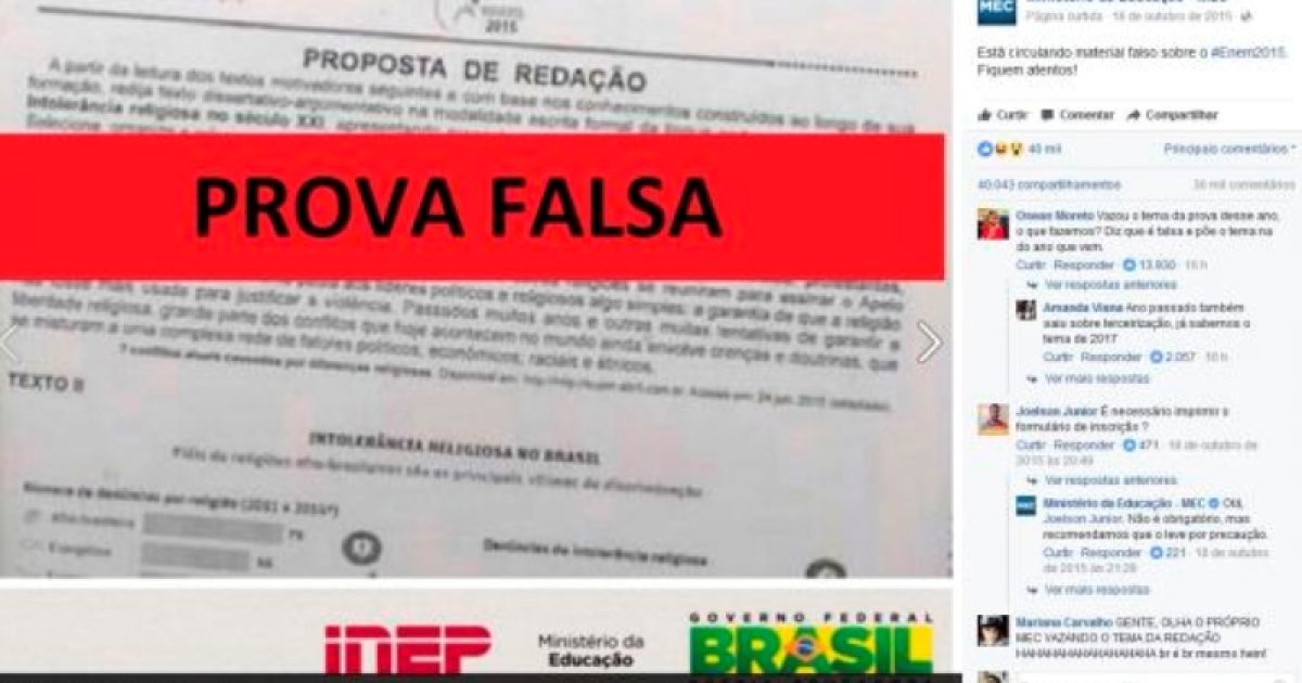 Imagem com o título “Prova Falsa” foi publicada em outubro do ano passado no Facebook do Ministério da Educação para desmentir boatos de vazamento da prova do Enem de 2015 (Foto: Reprodução Facebook)